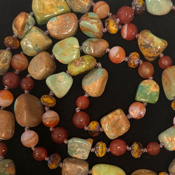 Turquoise, Carnelian, Imperial Topaz Knotted Necklace with Leather tassel - Picture 2 of 3